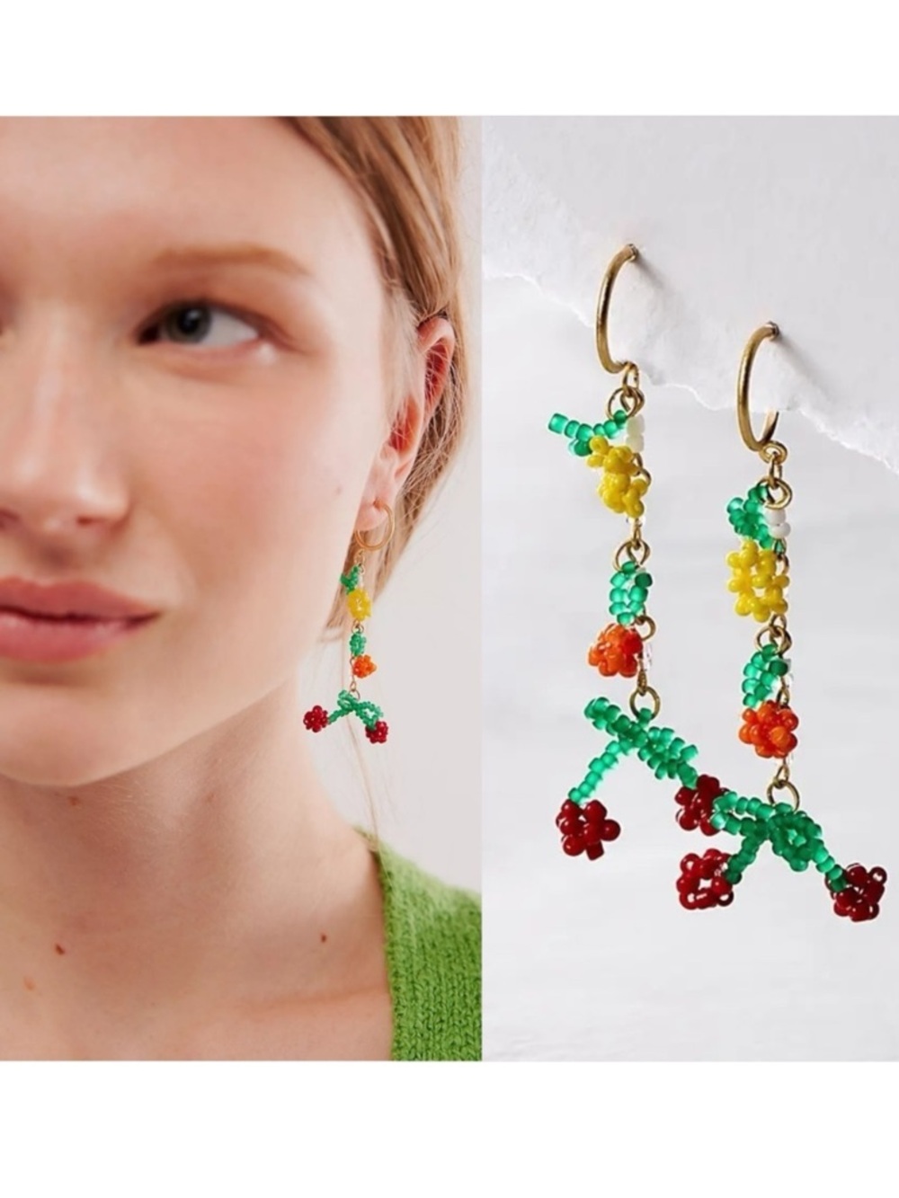 Free People Sweet Treat Seed Beaded Dangle Earrings One Size Floral Cherries NWT